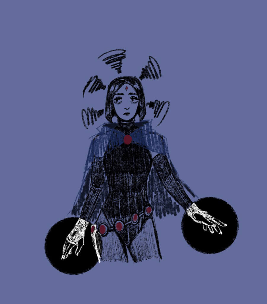 Sketch of Raven looking tired, with black energy balls around her hands 