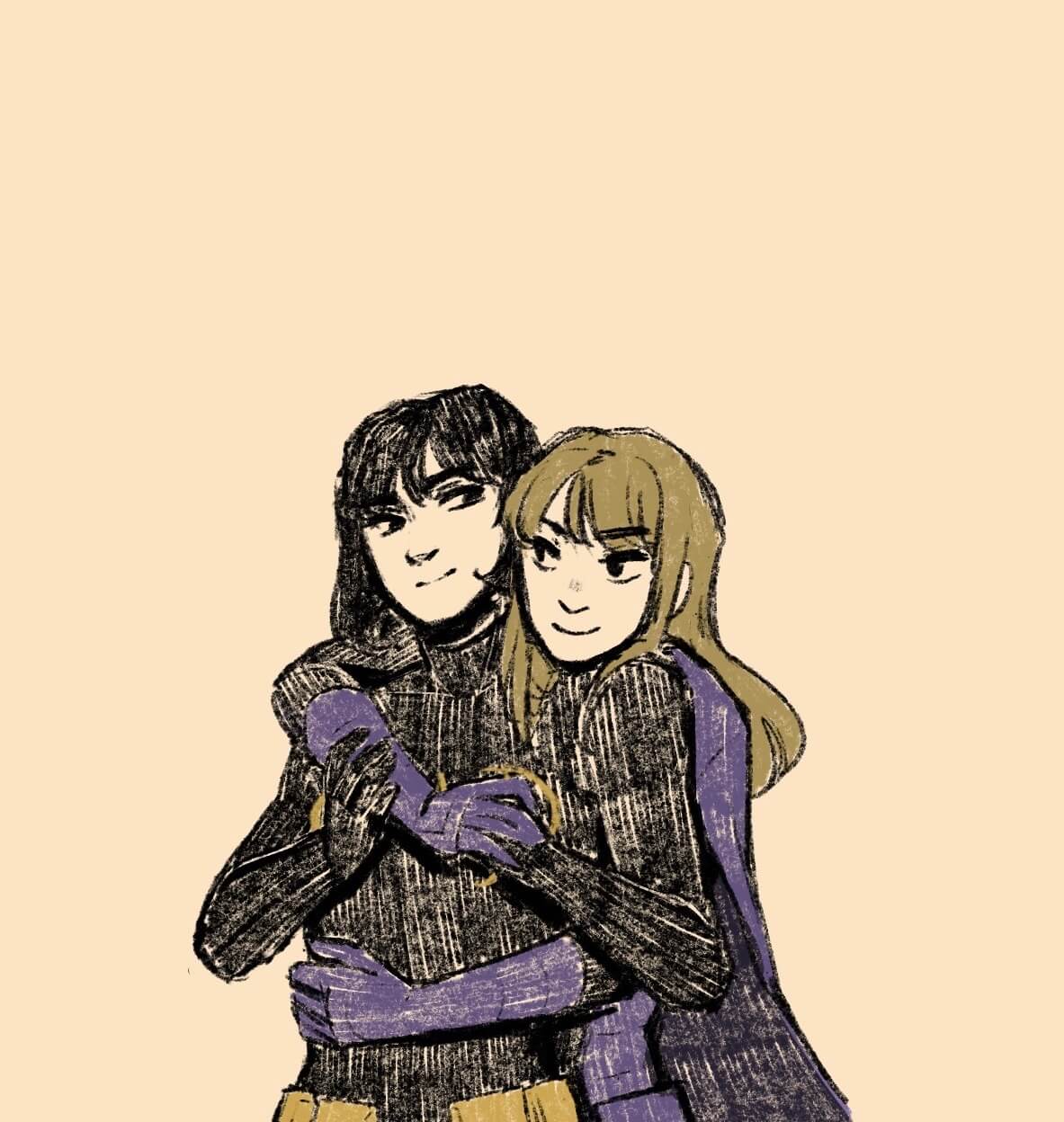 Digital sketch of Stephanie Brown hugging Cassandra Cain from behind. They're smiling at each other and are in costume, sans masks.